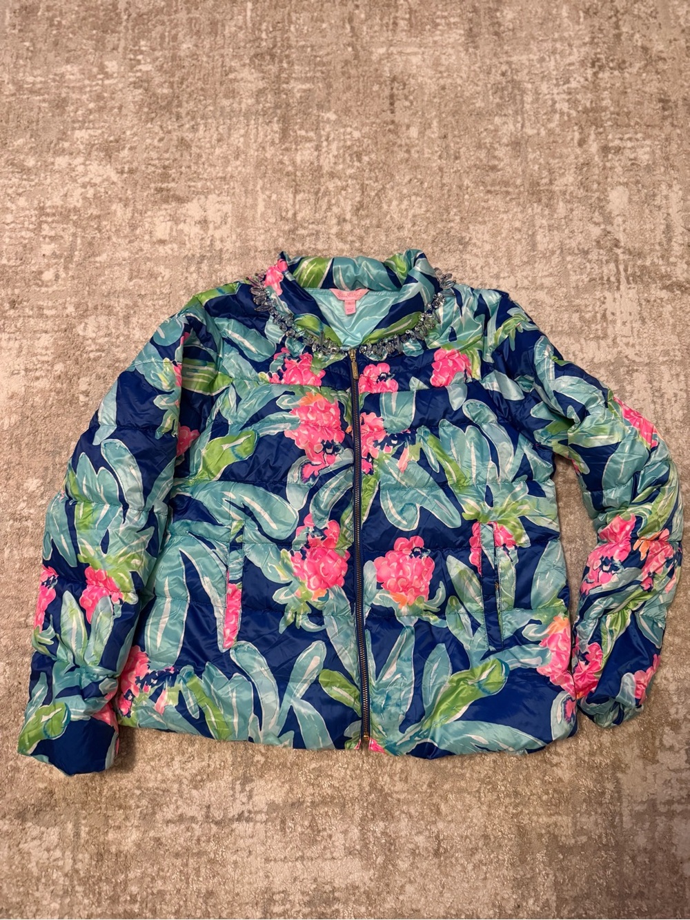 Lilly Pulitzer Navy Puffer Jacket with Pink & Green Tropical Floral Print - XL